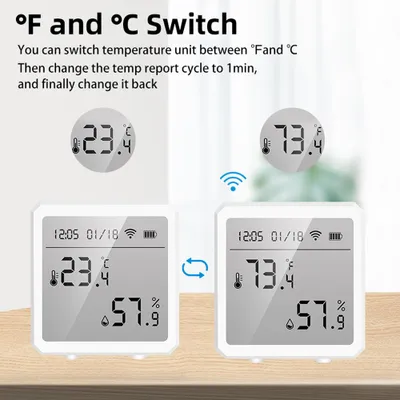 Imagen del producto de Detector de temperatura y humedad WiFi BT con pantalla LCD, sensores, función de alarma para temperaturas y humedad altas/bajas, detector inteligente para el hogar, monitoreo en tiempo real, visualización de fecha y hora, gráfico de temperatura y humedad. Conversión °C/°F. Compatible con Alexa. Ideal para el hogar