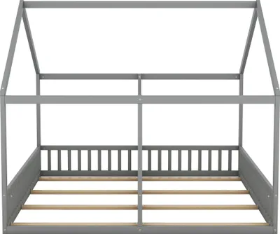 Produktbild von Merax Kinderbett 90x200cm mit Rausfallschutz, Lattenrost und Dachform, zwei Einzelbetten unter einem Dach, 2-in-1 Hausbett Kieferholz Plattformbett für 2 Kinder, Grau