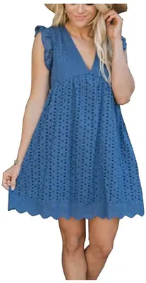 Produktbild von ASKSA Damen Elegant Rüschen Kleider Integriertem Shorts Sommer V-Ausschnitt Minikleid Kleid mit Taschen, Dunkelblau, 3XL