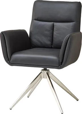 A black leather armchair with a silver metal base, isolated on a white background.