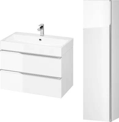 Produktbild von BADLAND Badmöbel Set VIRGO 80 Waschbecken-Unterschrank, Hochschrank 160x40x30, Türen mit Spiegel, Weiß, Silber Möbelgriffe