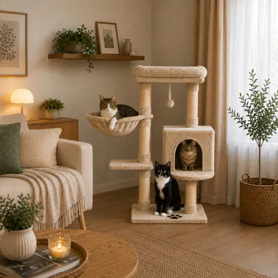 Produktbild von belviona Katzenkratzbaum 93 cm, mit Höhle, Liegemulde, Liegebett & Sisalstämmen, platzsparend, beige, KI-generiertes Bild
