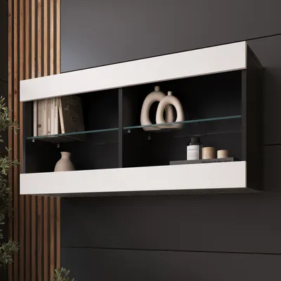 A modern wall-mounted display cabinet with two shelves, showcasing decorative items and books.