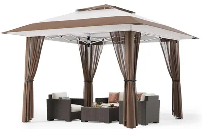 Produktbild von Pop-Up Pavillon 4x4m mit Moskitonetz und UV-Schutz, Beige, verstellbare Höhe