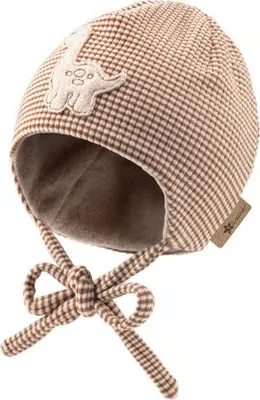 Produktbild von Sterntaler Beanie mit Dino Stickmotiv, Ohrenklappen, Bindeband, gestreift, rost, Gr. 41