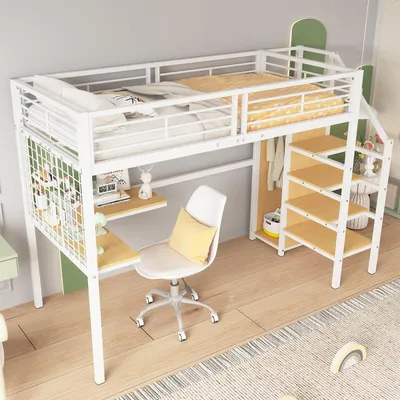 Produktbild von Hochbett 90x200 Metall mit Kleiderschrank & Schreibtisch, Seitenleiter, Fallschutzgitter, Lattenrost, Weiß