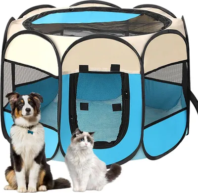 Produktbild von Tragbarer Welpenlaufstall - Faltbare Hundebox für Katzen und Hunde - Blau - Wasserdicht