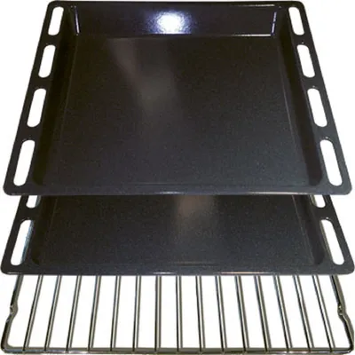 Two black oven trays stacked on top of a silver oven rack, isolated on a white background.