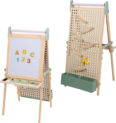 Image de Sunny Mika Chevalet Pour Enfants En Bois, Panneau Perforé, Beige | Double Face : Tableau Blanc/Noir | Tableau Magnétique, Rouleau De Papier, Craies,