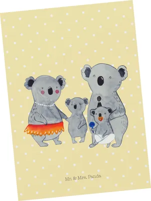 Produktbild von Mr. & Mrs. Panda Grußkarte Koala Familie - Gelb Pastell - Geschenk, Geschwister, Fotokarte, bildkarte, Muttertag, Ansichtskarte, Mama, Postkarten, Family, Postkarte