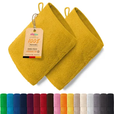 Produktbild von EllaTex PARIS 2er Set Waschhandschuhe 15x21 cm – 100% Baumwolle, 500 g/m² Frottier, in Farbe: Sonnengelb