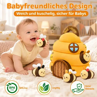 Produktbild von 6-in-1 Baby Bienenstock – 5 Bienen, Baby Spielzeug mit Musik und Spiegel – Montessori-inspiriertes Motorikspielzeug für 6–12 Monate