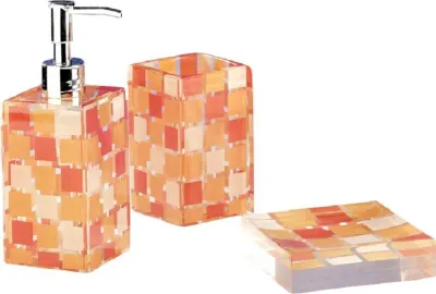 Produktbild von 3tlg Set Bad Accessoires Seifenspender Zahnputzbecher Seifenschale Mosaik Orange