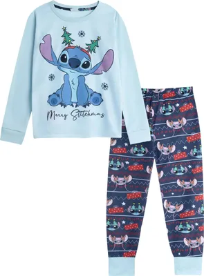 Produktbild von Lilo & Stitch - Schlafanzug mit langer Hose für Kinder, weihnachtliches Design, Langärmlig NS9096 (146) (Blau)