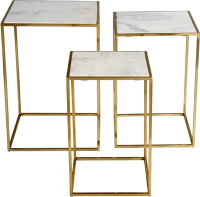 Produktbild von Avola AV2130-38 Beistelltisch Set, Marmor, Weiß/Gold, 46x46x66 cm