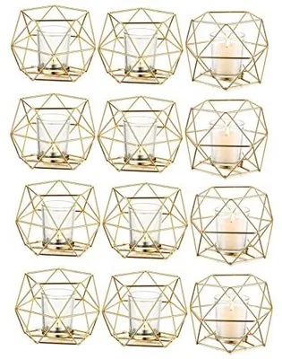 Zdjęcie produktu dla Świeczniki metalowe geometryczne złote do świec tealight zestaw 12 sztuk