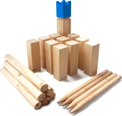 Produktbild von Ocean 5 Kubb - Original Wikinger Spiel | Premium  Holzspiel im Stoffbeutel mit massiven Figuren | Schwedenschach Holz Outdoor Spiel Wurf Schach Spiele | Kubb Spiel für Kinder und Erwachsene | - Blaue Krone