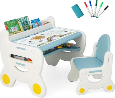 Produktbild von GOPLUS Kinderzeichentisch & Stuhl Set, Kinderschreibtisch mit Whiteboard, Bücherregal & Ablagefach, multifunktionaler Aktivitätstisch inkl. Marker & Radierer (Blau)
