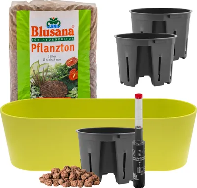 Produktbild von Leni Flori Jardiniere Blumentopf länglich 36 cm apfelgrün / hellgrün Hydrokultur-Komplett-Set mit Übertopf Hydro-Töpfen Wasserstandsanzeiger & Pflanzton