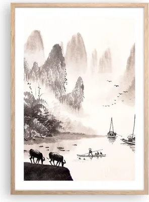 Produktbild von Gerahmtes Poster - Rahmen in heller Eiche - Chinesisch Landschaft Aquarell - 50x70 cm - Wand Bild - Wanddeko - Wandbilder - Wandposter - Bilderrahmen - Bilder - Kunstdruck - Wandbild - P2NPA50x70-4265