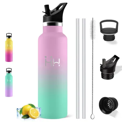 Produktbild von Trinkflasche Edelstahl, Trinkflasche 1l, Wasserflasche mit Strohhalm