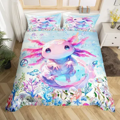 Zdjęcie produktu dla Komplet pościeli dla dzieci, motyw axolotl, 135x200 cm, wielokolorowy, 1 poszewka na poduszkę 80x80 cm, wykonany z mikrofibry