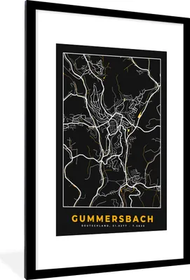 Produktbild von MuchoWow® Gerahmtes Poster Gummersbach - Stadtplan - Gold - Karte - Deutschland 60x90 cm - Poster mit Schwarzem Bilderrahmen Wandposter Rahmen Foto Bilder - Dekoration - Wandposter Wohnzimmer - Hochwertig