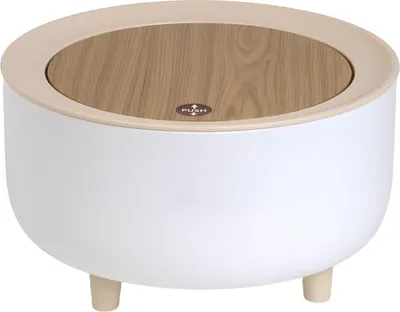 Immagine prodotto di Intirilife cestino per cosmetici piatto in bianco con coperchio beige e aspetto bambù - 19,3 x 10,7 cm - cestino da tavolo con apertura a pulsante per bagno ufficio cucina mini cestino da tavolo con protezione antigraffio