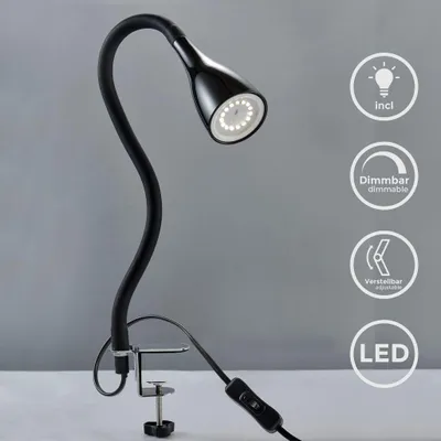Immagine prodotto di Lampada LED da tavolo con morsetto dimmerabile su 3 livelli, include lampadina 5W GU10, luce calda 3000K, lampada da scrivania o comodino nera