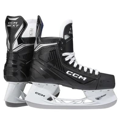A pair of black CCM hockey skates on a white background.