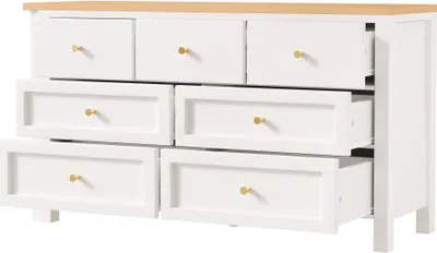 Produktbild von Schreibtisch 7-Schubladen Kommode 2-in-1 Drehwerkbank Sideboard 120x40x70cm Eichenoptik 360 Weiss Frisiertisch L-foermig Eckschreibtisch