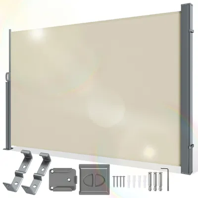 Immagine prodotto di Tenda laterale Izrielar 300 x 160 cm Estensibile Protezione dal vento, protezione dalla vista per balconi e terrazze, tenda laterale con supporto a parete Protezione solare - Tenda da sole beige