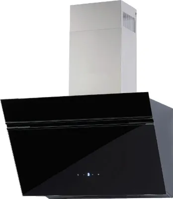 A black and silver kitchen range hood against a white background.