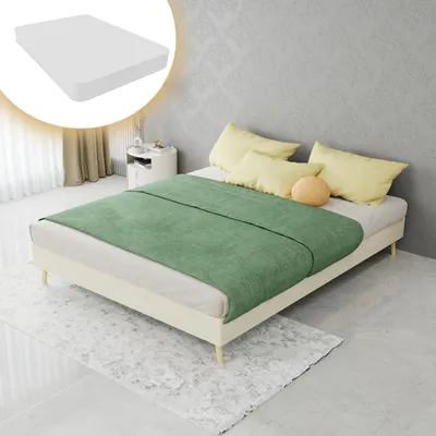 Imagen del producto de Cama tapizada de 140x200 cm con colchón, estructura de cama con revestimiento de terciopelo holandés, cama plataforma minimalista sin cabecero, color beige