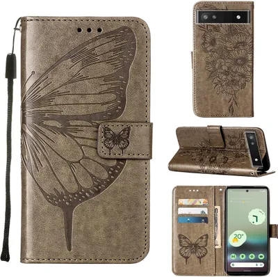 Produktbild von Google Pixel 6A Hülle, Schmetterling Prägung Flip Leder Kartenfächer Schutzhülle Ledertasche mit Ständer für Google Pixel 6A Grau