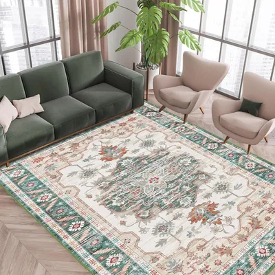 Produktbild von Vamcheer Vintage Teppich Kurzflor Schlafzimmer Waschbar 160x230 cm Grün