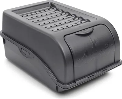 A dark gray plastic storage container for vegetables, such as potatoes, is shown from a slight angle against a white background.