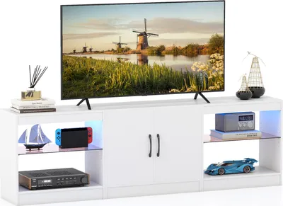 Image de COSTWAY Armoire TV 3 en 1, Table TV jusqu'à 85 pouces, 195 cm Lowboard avec éclairage LED & étagères en verre pour le salon, Blanc