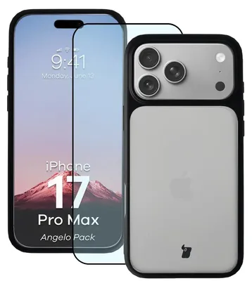 Produktbild von Schutzhülle + gehärtetem Glas Bizon Angelo Pack für iPhone 17 Pro Max, Getönte mit schwarzem Rahmen