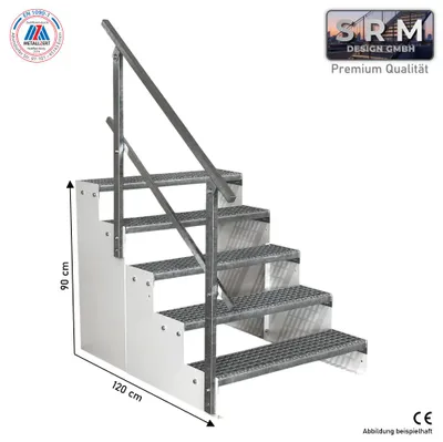 Produktbild von 5 Stufen Standtreppe Modell 2 Weiß, Breite 110 cm, Höhe 90 cm 1x Geländer Eckig