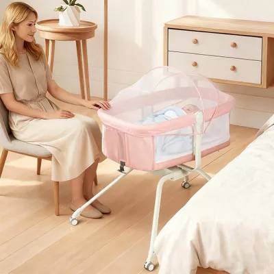 Produktbild von 2 in 1 Beistellbett Baby mit Matratze,Faltbares Co-Sleeper,Reisebett Babybett,Stubenwagen,Babywiege für 0-12 Monate Hause und Reisen 94x70x80cm Rosa