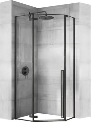 A modern black shower cabin with a rain shower head and a built-in faucet, set against a textured concrete wall.