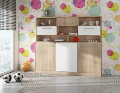 Produktbild von Nástenná sklápacia posteľ ROGER 90x200 cm Nástenná sklápacia posteľ, sklápacia skriňa, skriňa s integrovanou sklápacou posteľou, funkčná posteľ (SONOMA OAK / WHITE (s prídavnými policami))