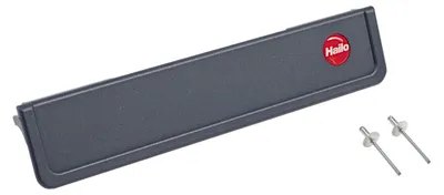 A gray handle strip with a red logo and two rivets on a white background.