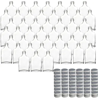 Produktbild von gouveo 48er Set Glasflaschen 40 ml Flachmann mit Schraubverschluss silberfarben - Mini Flasche 0,04 l zum Befüllen - Glasfläschchen für Likör, Whisky, Schnaps oder zum Basteln