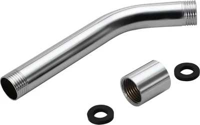 A silver shower arm extension and two black rubber washers are arranged on a white background.