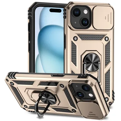 Immagine prodotto di Custodia per iPhone 15 Plus a doppio strato con cover fotocamera scorrevole e supporto ad anello Oro