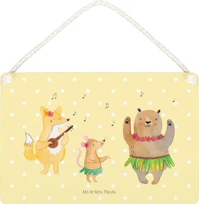 Produktbild von Mr. & Mrs. Panda Schild Waldtiere Aloha DIN A5 - Gelb Pastell - Geschenk, Tanzen, Hase, Bär, Türschild, holzbild, kleine aufmerksamkeit, Musik, wandtafel, Lustige Sprüche