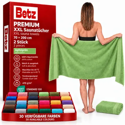 Image de Betz, lot de 2 serviettes de sauna, 70 x 200 cm, qualité PREMIUM, 100% coton. Serviette de bain, serviette de plage, serviette de sol. Couleur : vert pomme