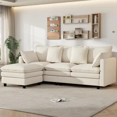 Produktbild von L-förmiges Ecksofa 3-Sitzer mit Chaiselongue, modernes Wohnzimmer Sofa aus Chenille Stoff, Sofa mit 4 Kissen und 3 Rückenlehnen, Beige